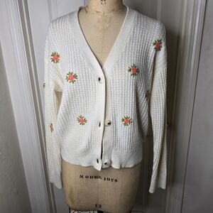 Floral Embroidered womens‎ ivory Cardigan button front Sweater L
